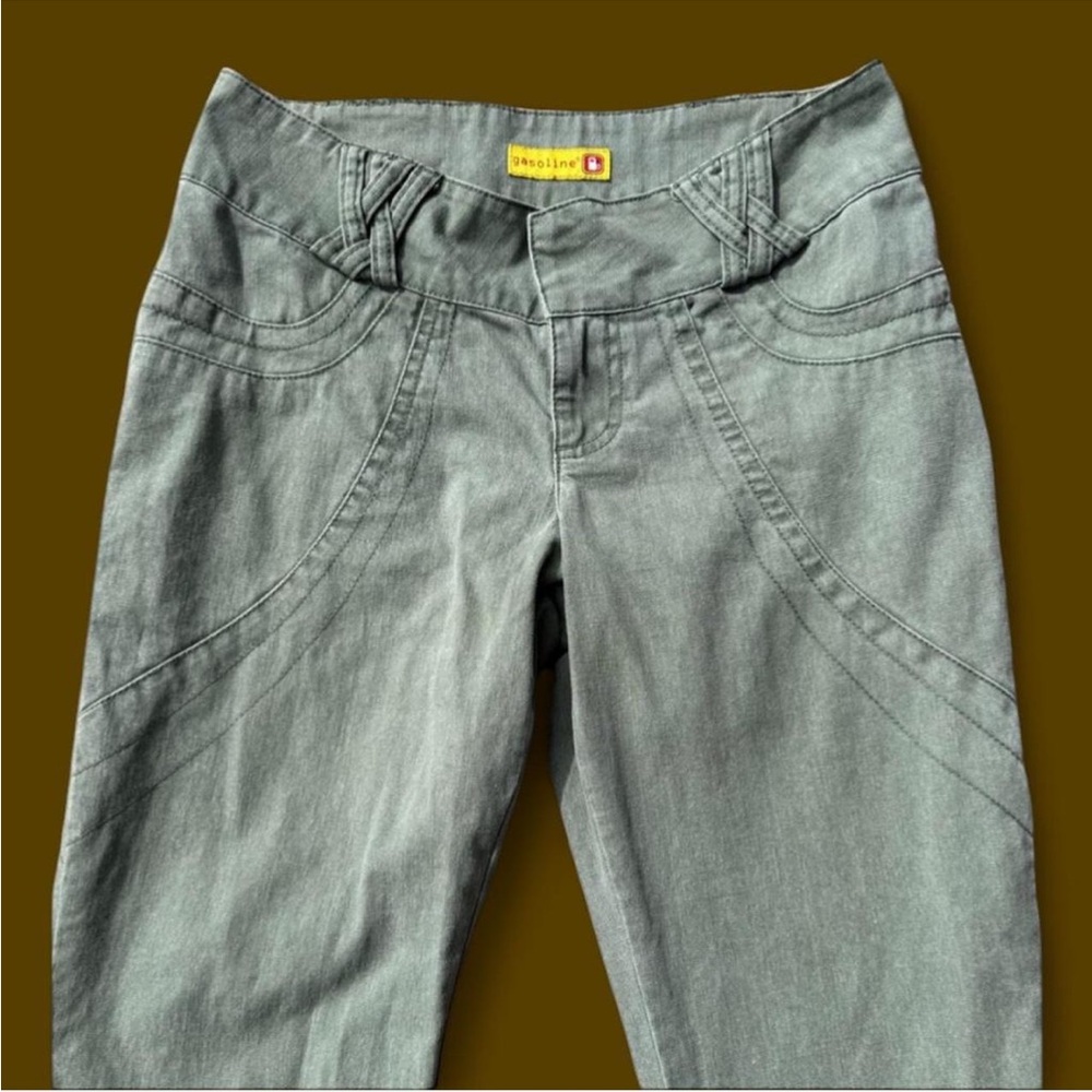 Y2K Gasoline Sage Green Low Rise Flare Stitching Details Pants - Picture 2 of 8